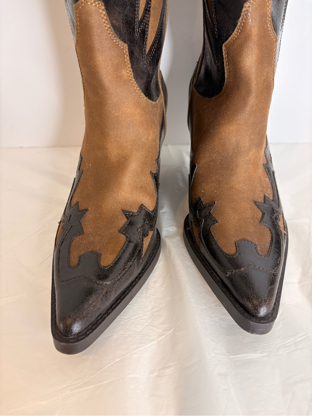 Zara Two-Tone Brown and Dark Brown Over-the-Knee Western Boots - Picture 3 of 12